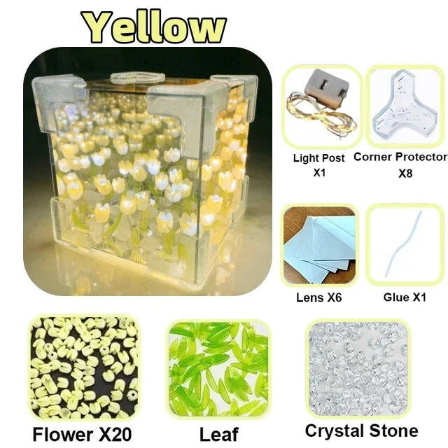 Cubo de Cristal Transparente con Tulipanes