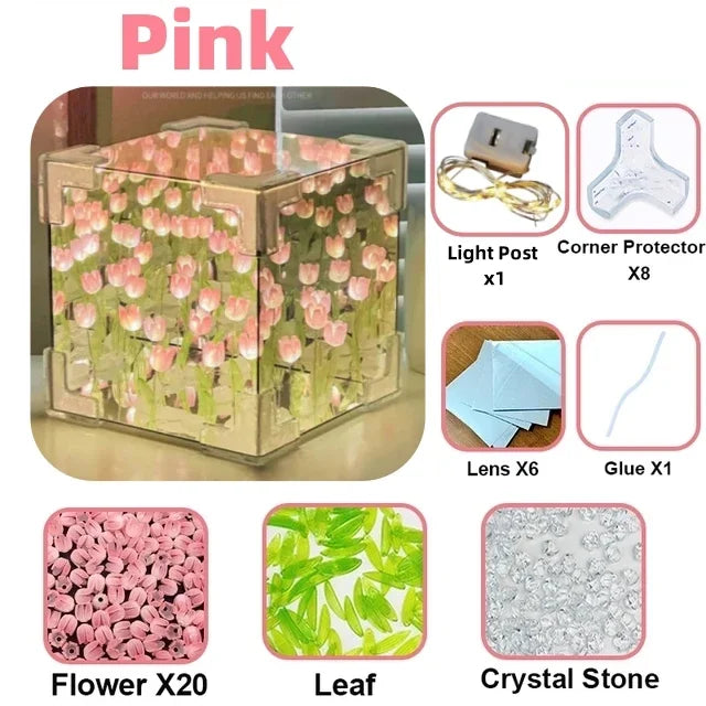 Cubo de Cristal Transparente con Tulipanes