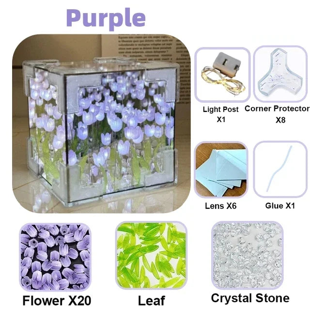 Cubo de Cristal Transparente con Tulipanes